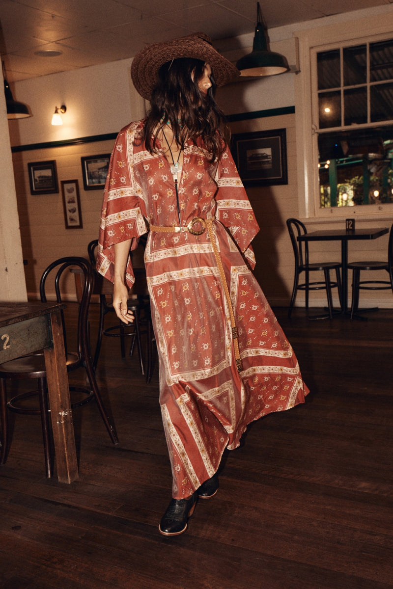 Alabama Getaway Silk Maxi Caftan Dress - Burnt Sienna