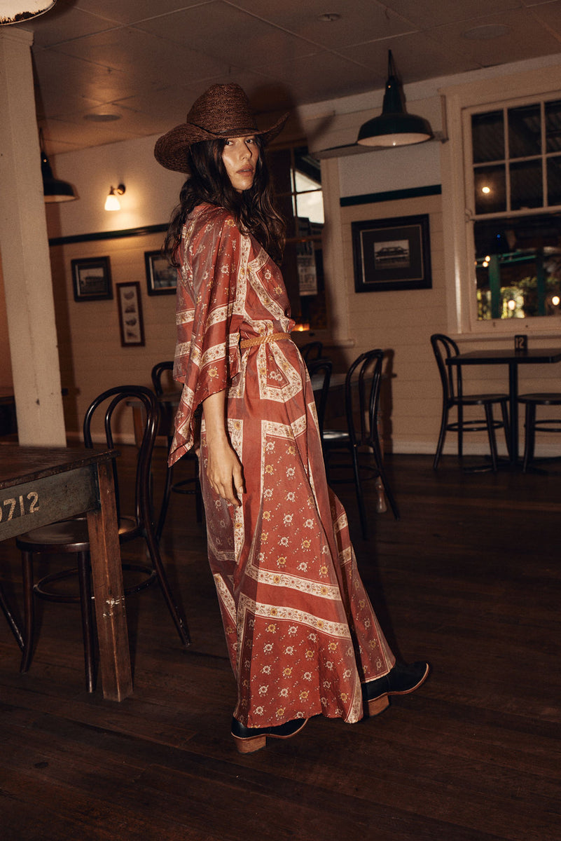 Alabama Getaway Silk Maxi Caftan Dress - Burnt Sienna
