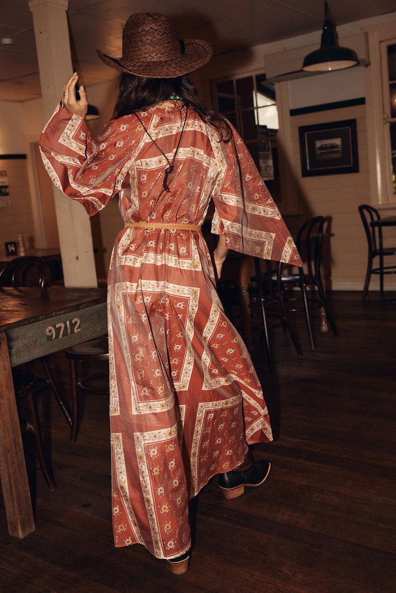 Alabama Getaway Silk Maxi Caftan Dress - Burnt Sienna