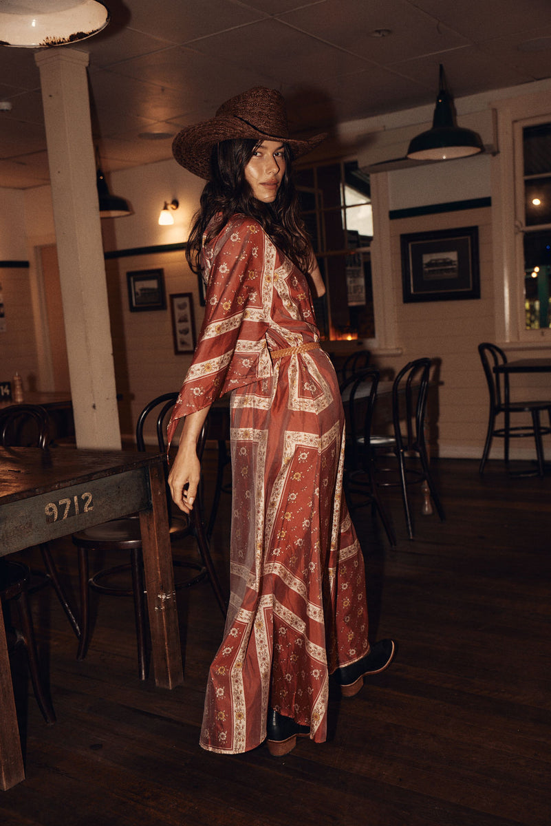 Alabama Getaway Silk Maxi Caftan Dress - Burnt Sienna