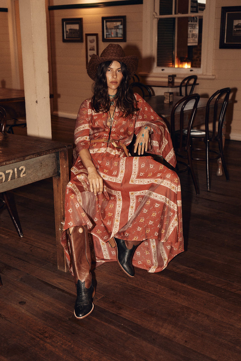 Alabama Getaway Silk Maxi Caftan Dress - Burnt Sienna