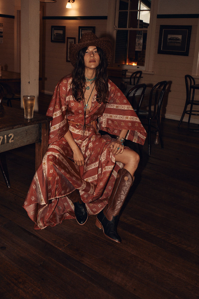 Alabama Getaway Silk Maxi Caftan Dress - Burnt Sienna