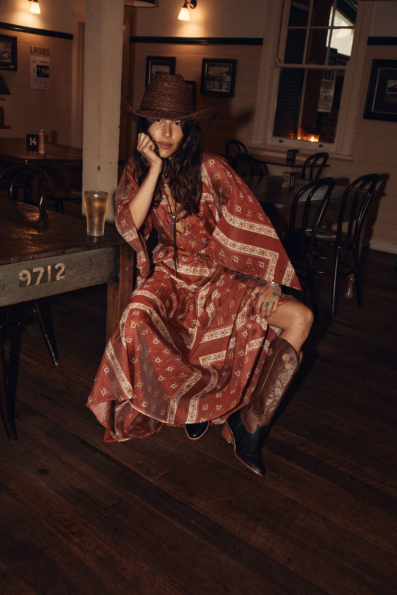 Alabama Getaway Silk Maxi Caftan Dress - Burnt Sienna