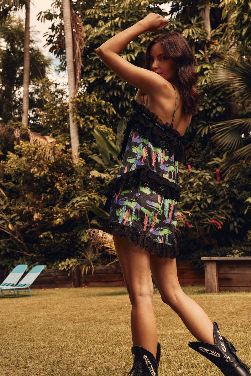 Black Water Silk Crepe + Lace Mini Dress