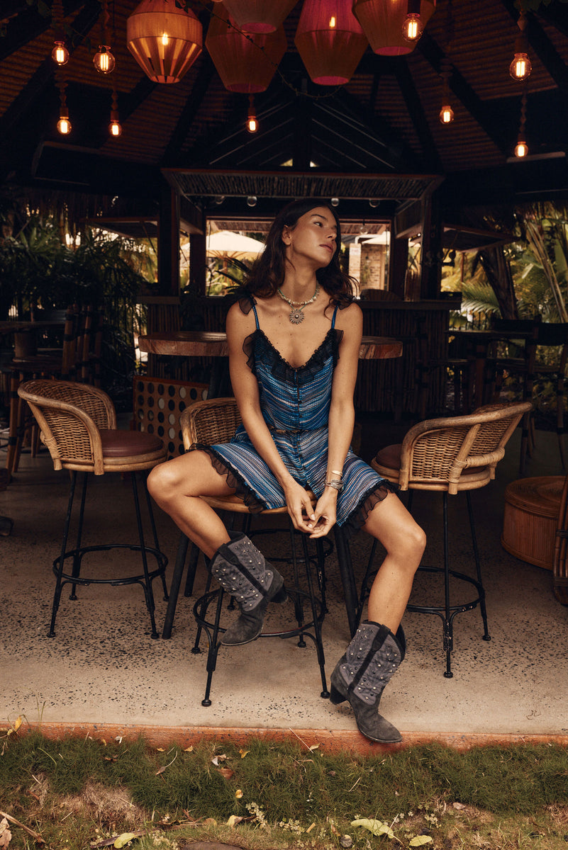 Morning Glory Silk Ruffle Mini Dress - Blue
