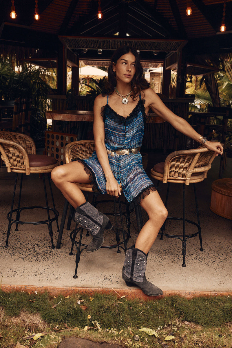 Morning Glory Silk Ruffle Mini Dress - Blue