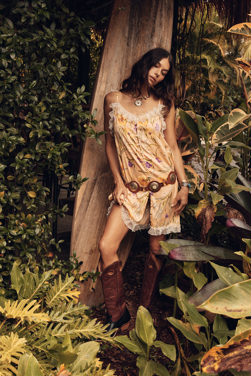 Morning Glory Silk Mini Dress - Yellow Floral