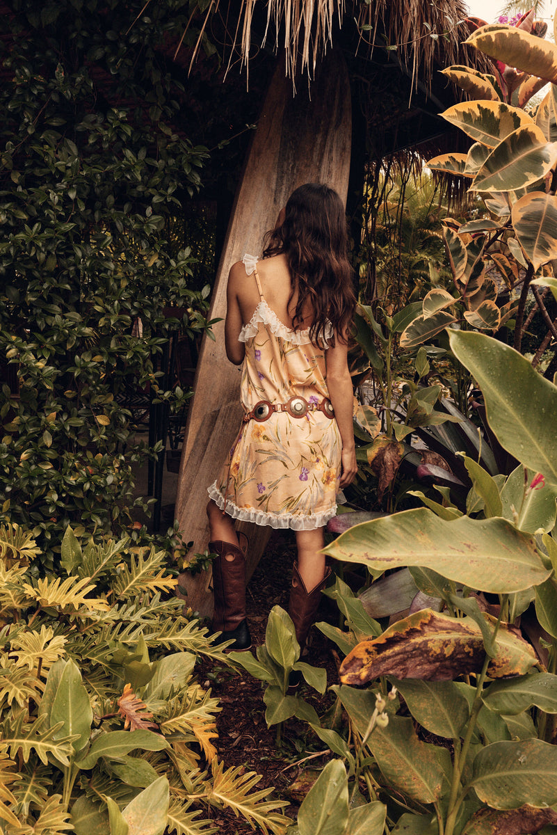 Morning Glory Silk Mini Dress - Yellow Floral