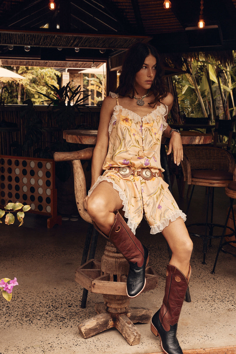 Morning Glory Silk Mini Dress - Yellow Floral