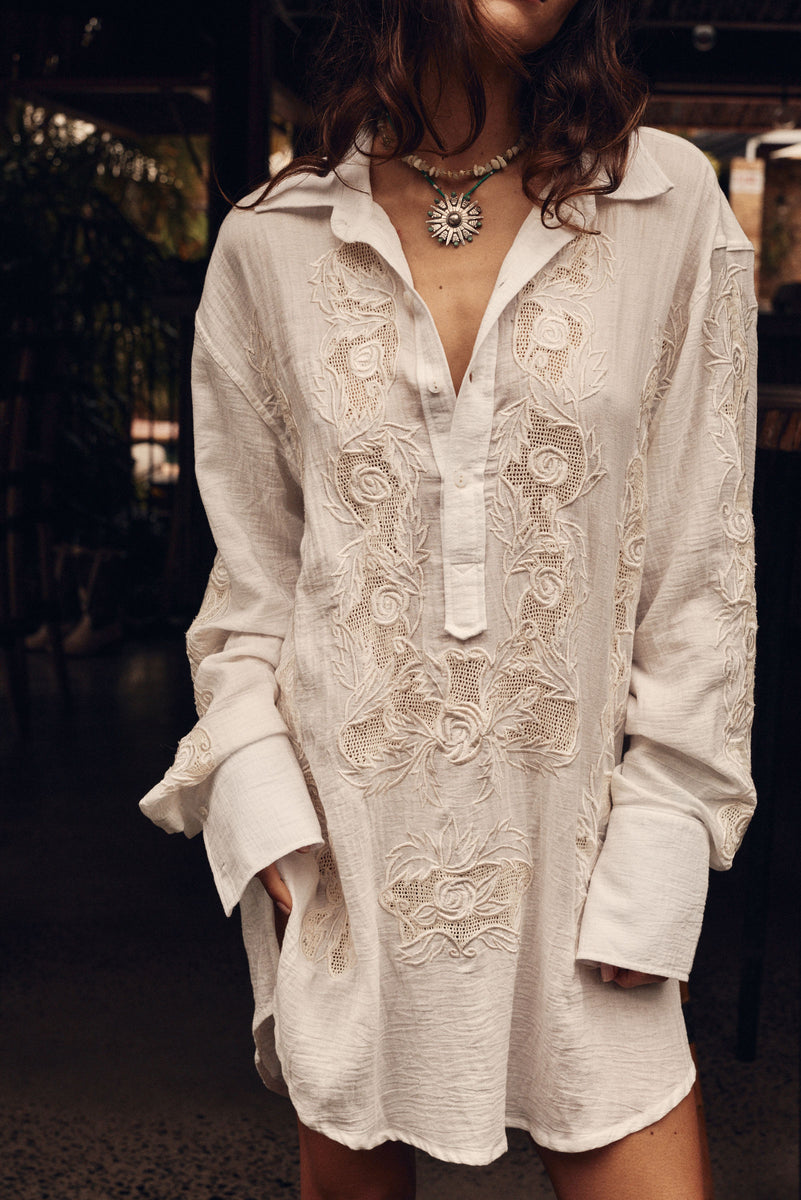 Brokedown Palace Embroidered Cotton Shirtdress