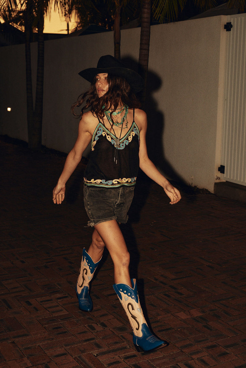 Rose In Paradise Leather Inlay Boots - Blue