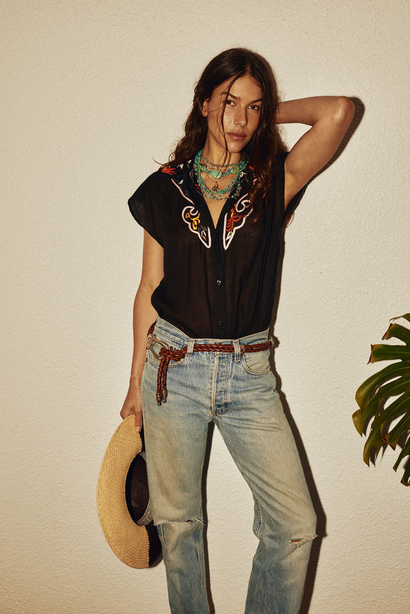 Palomino Sleeveless Embroidered Cotton Blouse