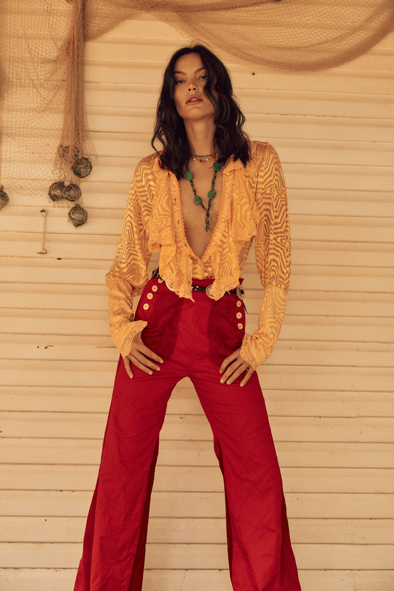 Red Hot Stretch Cotton Twill And Suede Patchwork Flares