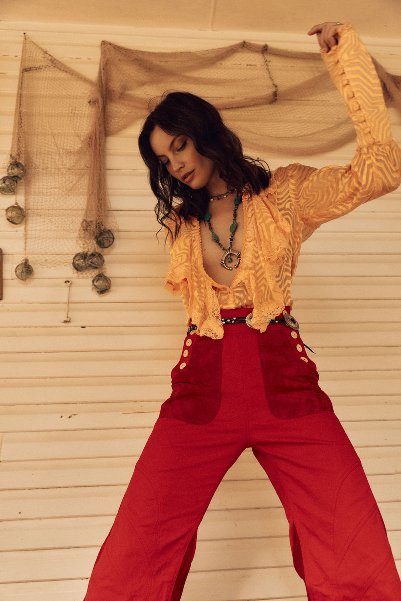 Red Hot Stretch Cotton Twill And Suede Patchwork Flares