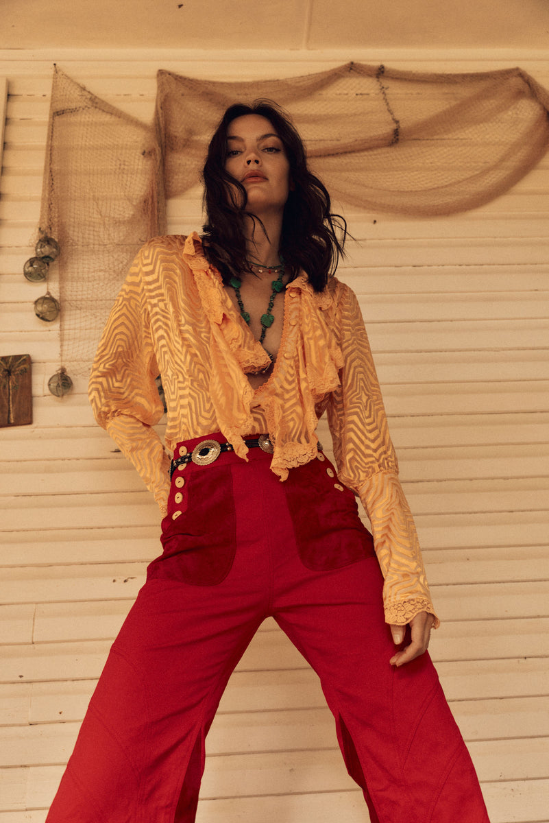Red Hot Stretch Cotton Twill And Suede Patchwork Flares