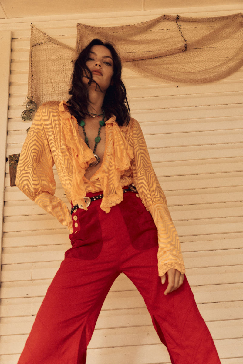Red Hot Stretch Cotton Twill And Suede Patchwork Flares