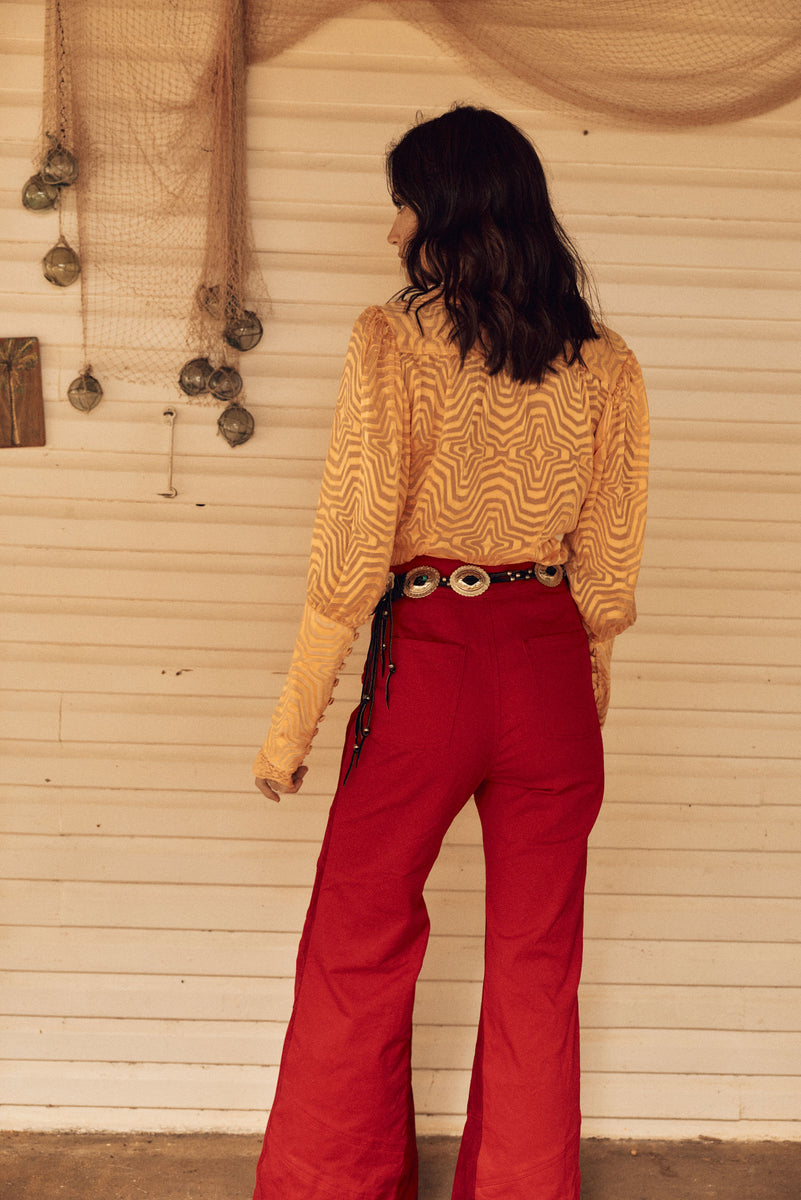 Red Hot Stretch Cotton Twill And Suede Patchwork Flares