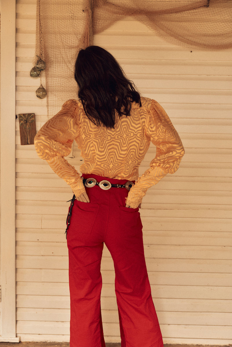 Good Times, Bad Times Silk Burnout, Lace + Ruffle Blouse - Golden Sunset