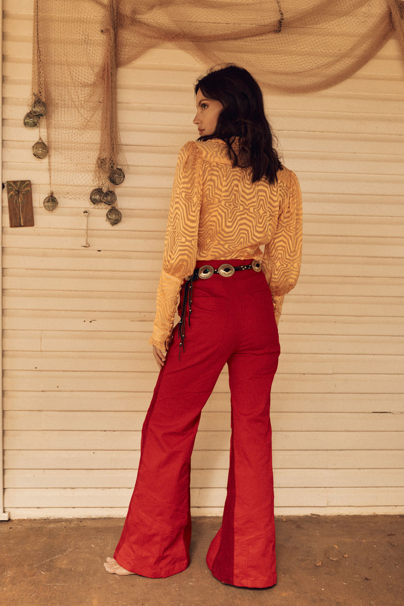 Red Hot Stretch Cotton Twill And Suede Patchwork Flares