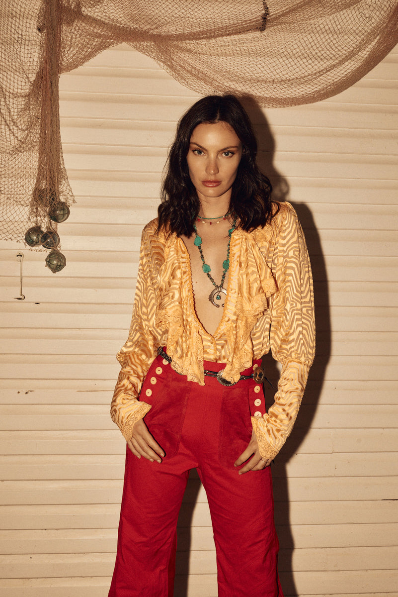 Good Times, Bad Times Silk Burnout, Lace + Ruffle Blouse - Golden Sunset