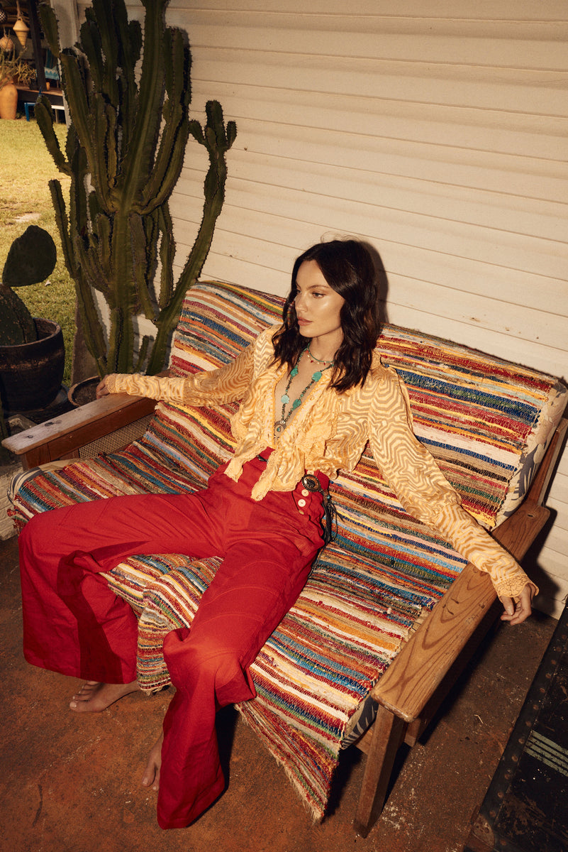 Good Times, Bad Times Silk Burnout, Lace + Ruffle Blouse - Golden Sunset