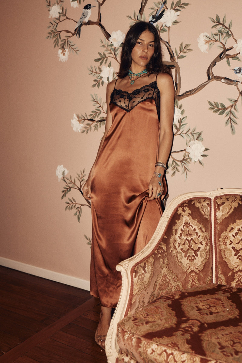 Slow Dancing Silk + Lace Slip Dress - Copper