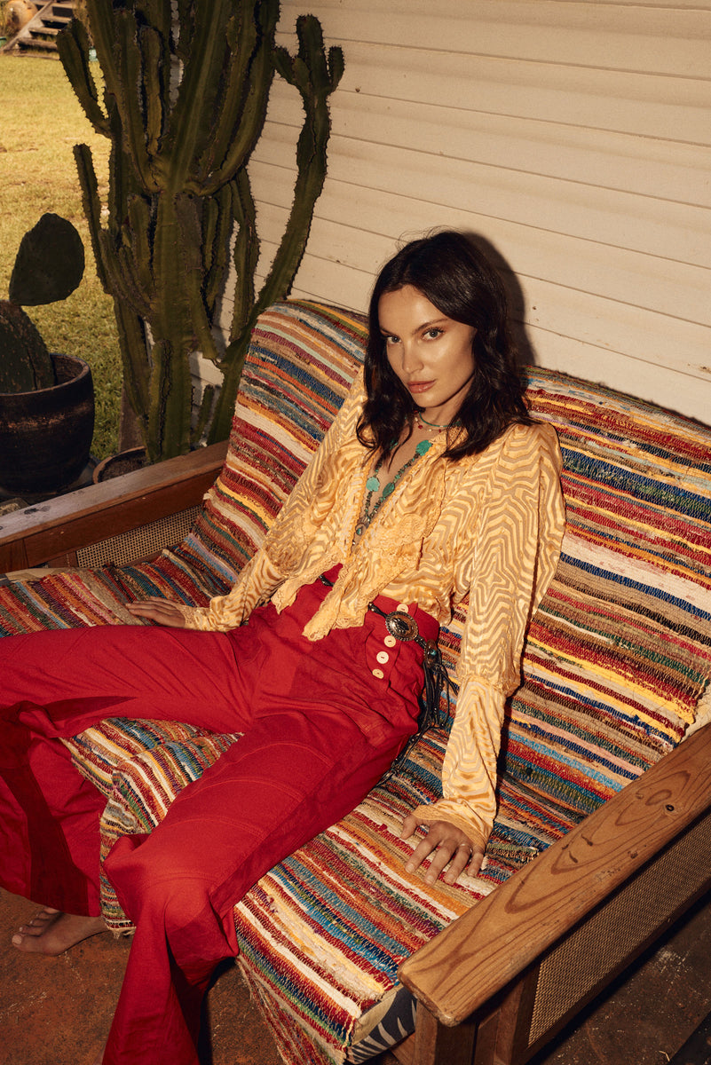 Red Hot Stretch Cotton Twill And Suede Patchwork Flares