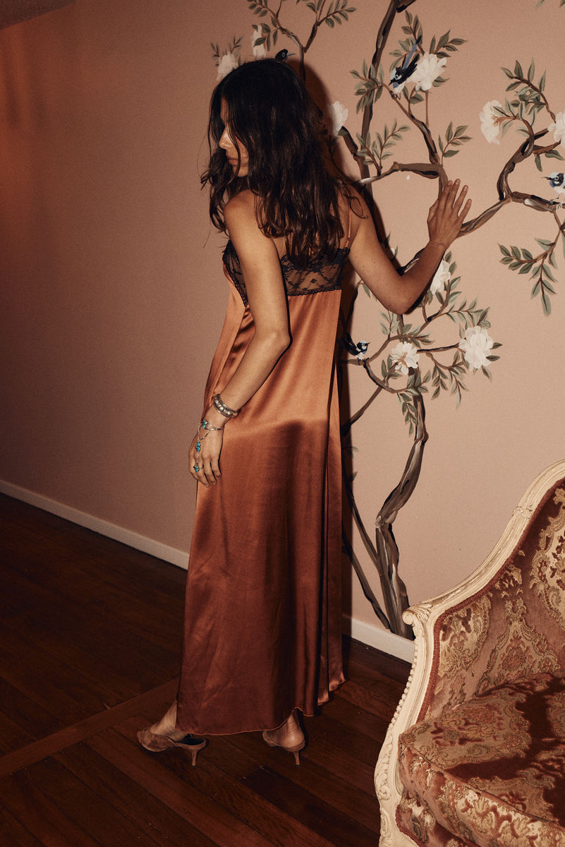 Slow Dancing Silk + Lace Slip Dress - Copper