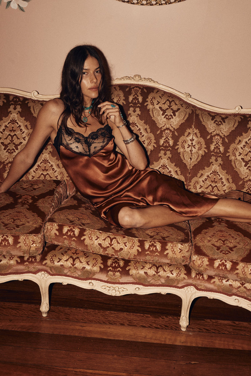 Slow Dancing Silk + Lace Slip Dress - Copper