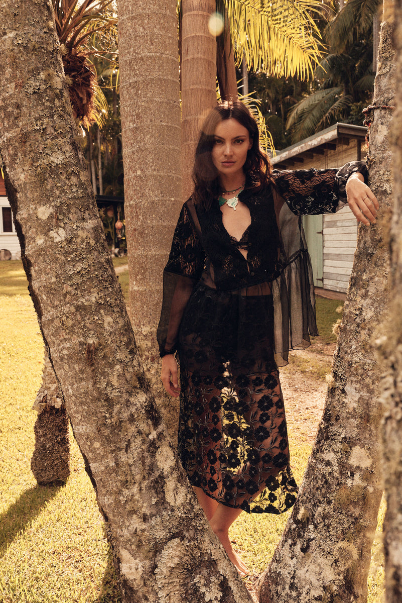 Under Your Spell Black Lace Midi Skirt