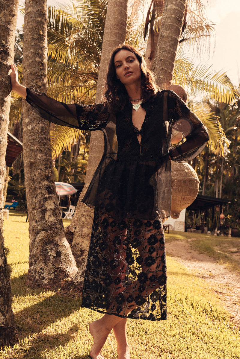 Under Your Spell Black Lace Midi Skirt