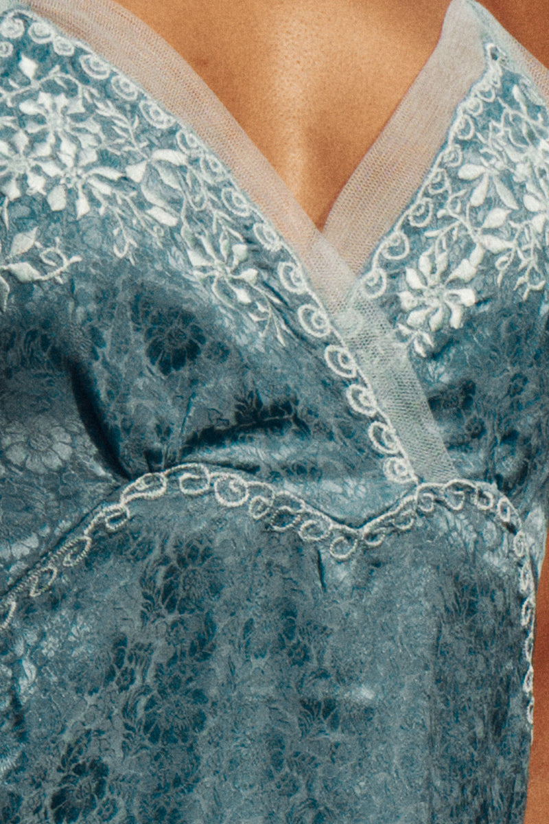 I Must Be In A Good Place Now Silk Midi Slip Dress - Blue Jacquard