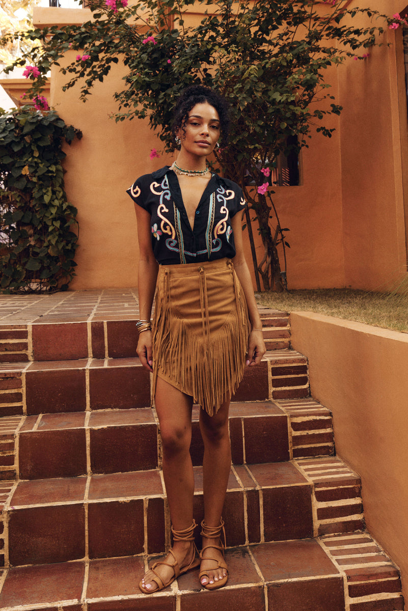 Bluebird Suede Fringe Skirt - Tan