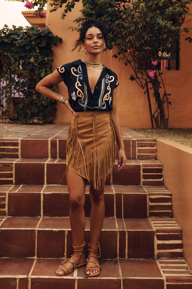 Bluebird Suede Fringe Skirt - Tan