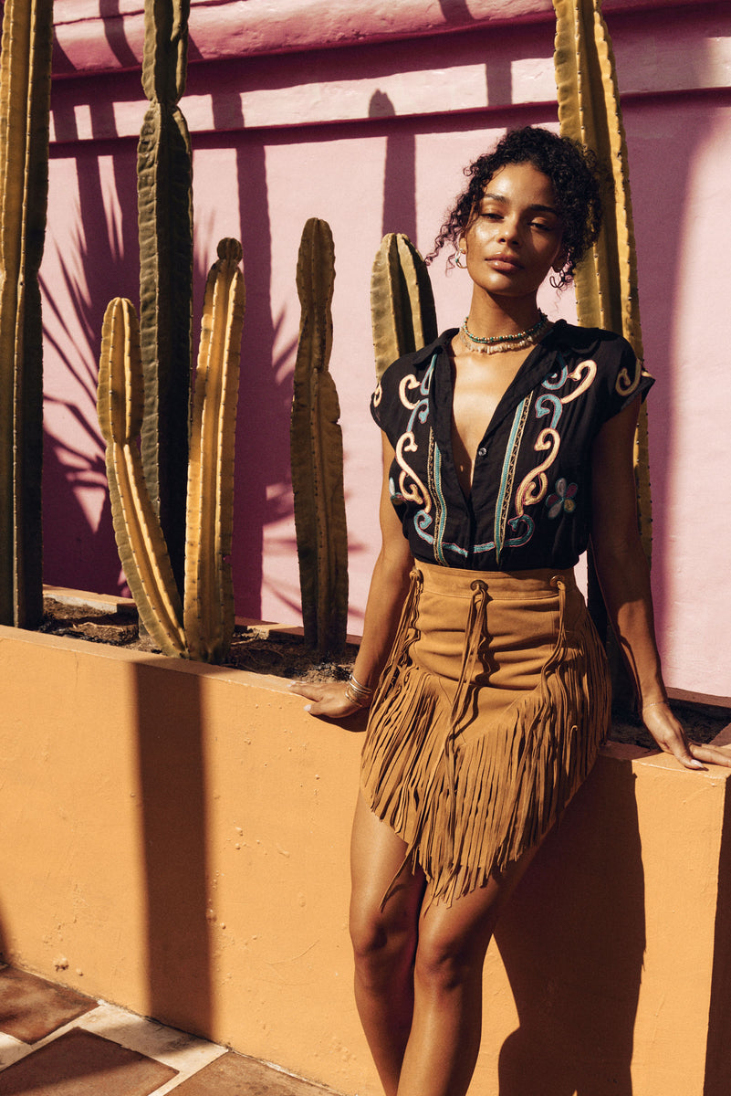 Bluebird Suede Fringe Skirt - Tan