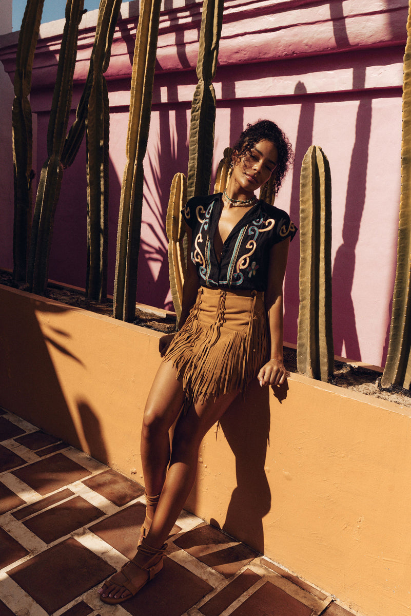 Bluebird Suede Fringe Skirt - Tan