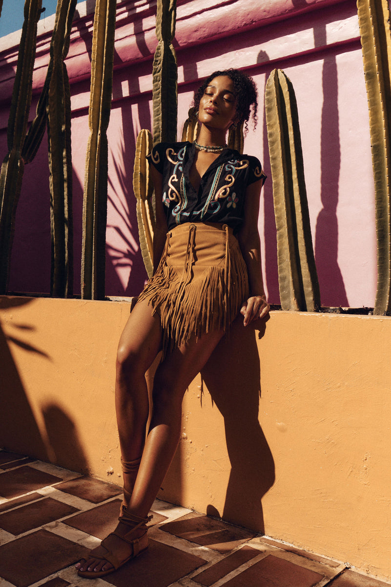 Bluebird Suede Fringe Skirt - Tan