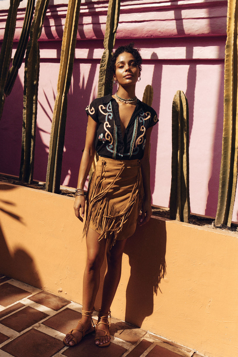 Bluebird Suede Fringe Skirt - Tan