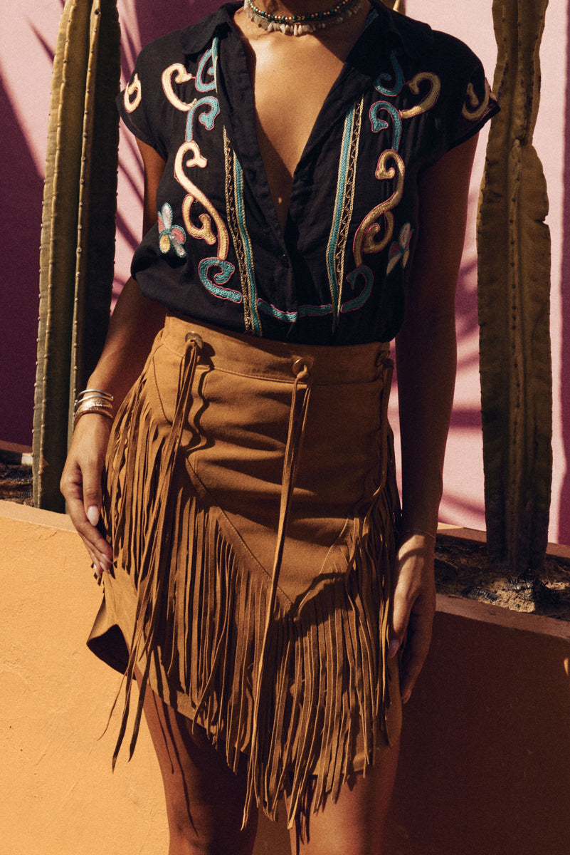 Bluebird Suede Fringe Skirt - Tan
