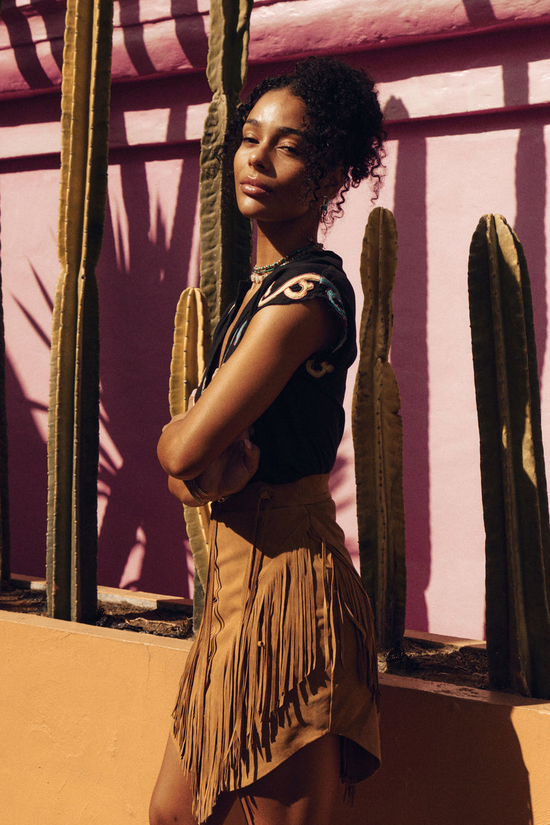 Bluebird Suede Fringe Skirt - Tan