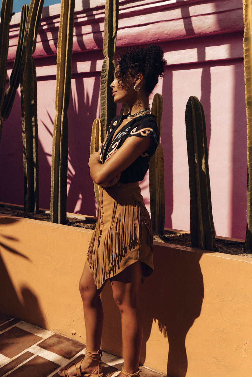 Bluebird Suede Fringe Skirt - Tan