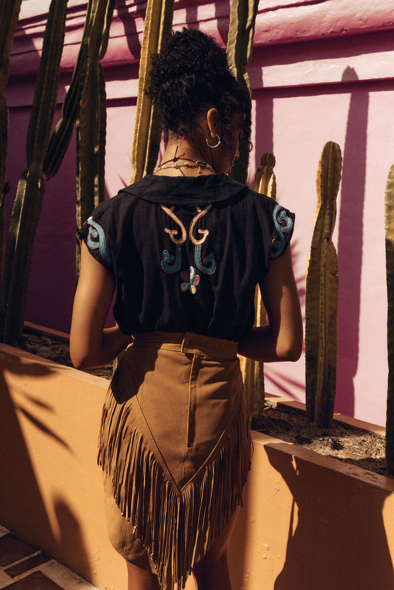 Bluebird Suede Fringe Skirt - Tan