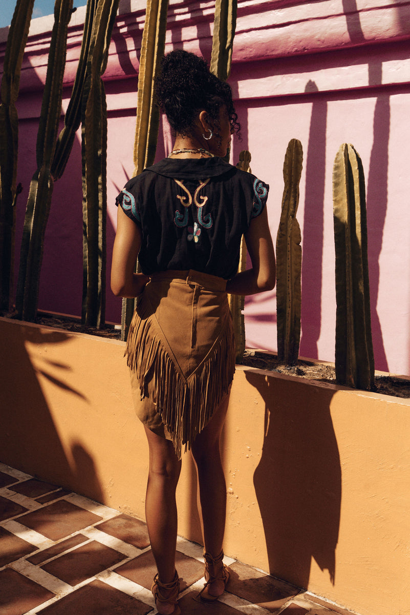 Bluebird Suede Fringe Skirt - Tan