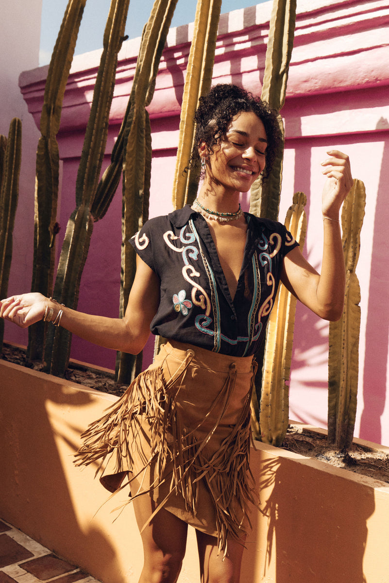 Bluebird Suede Fringe Skirt - Tan