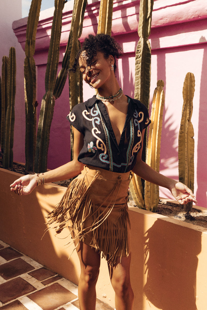 Bluebird Suede Fringe Skirt - Tan