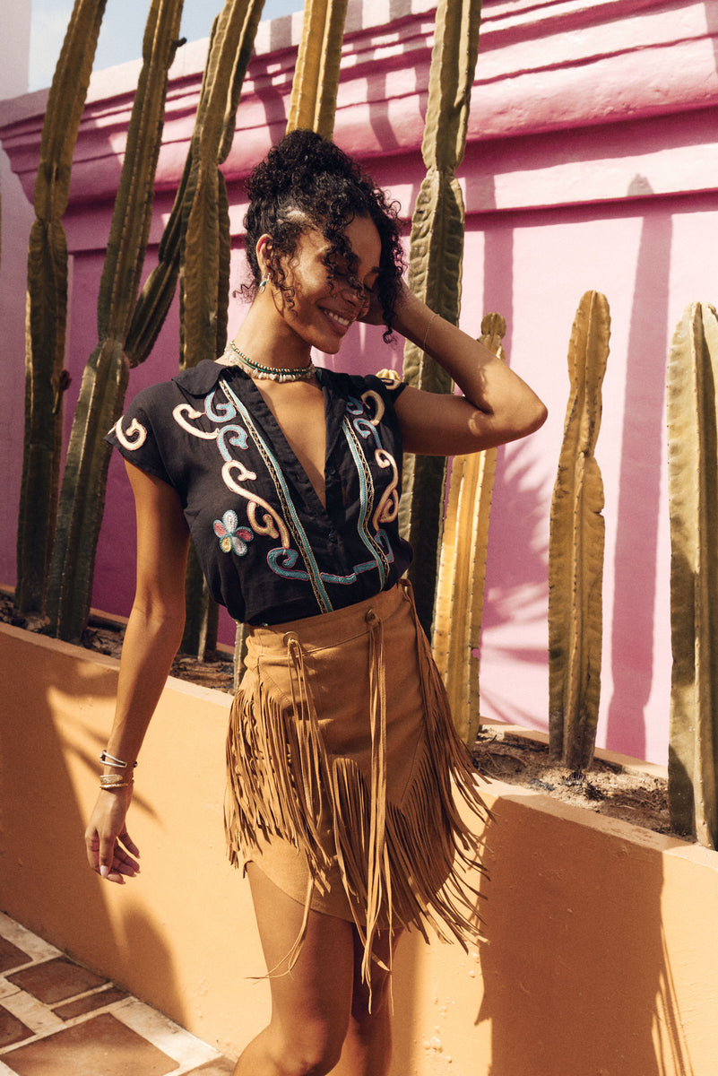Bluebird Suede Fringe Skirt - Tan