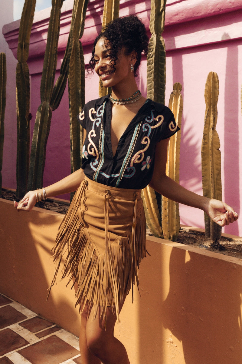 Bluebird Suede Fringe Skirt - Tan