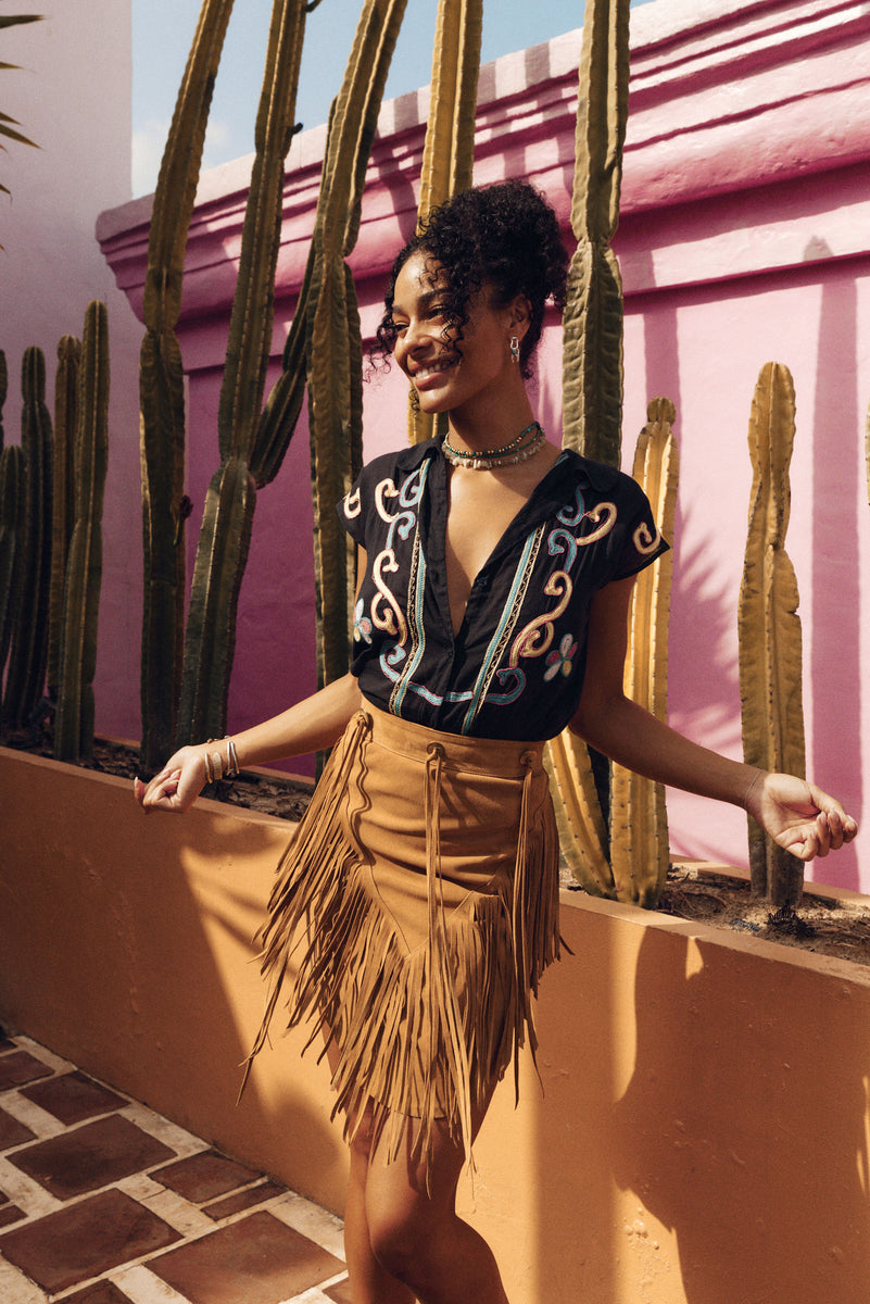 Bluebird Suede Fringe Skirt - Tan