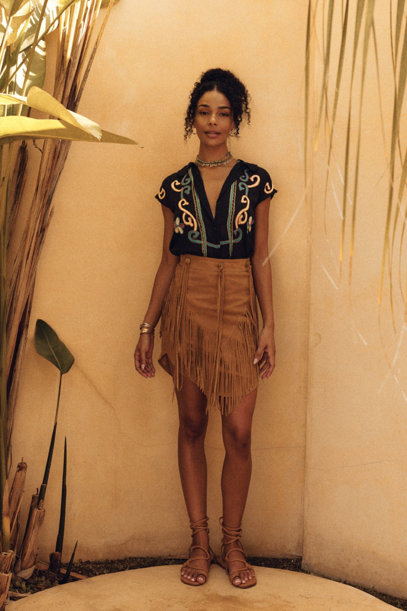 Bluebird Suede Fringe Skirt - Tan