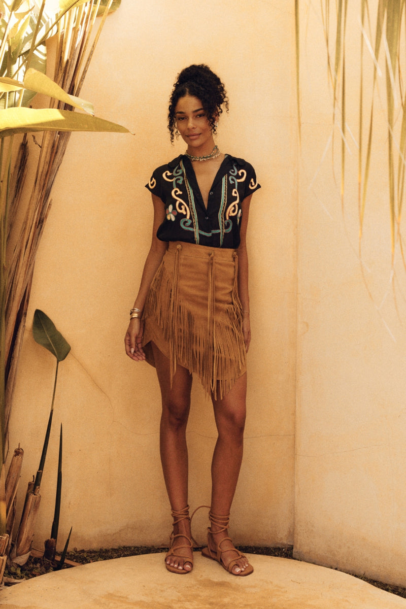 Bluebird Suede Fringe Skirt - Tan